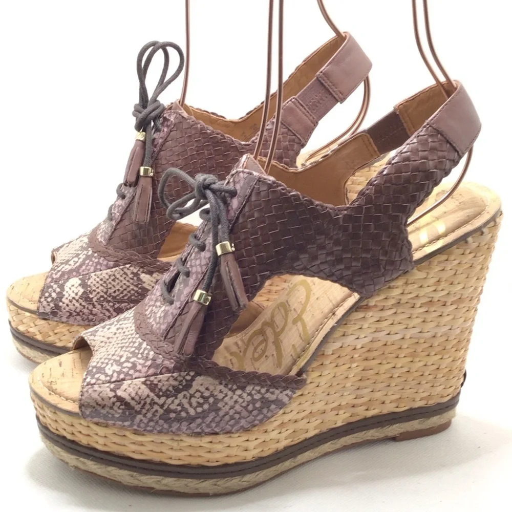 Sam Edelman Tinely Brown Snake Print Lace Up Platform Wedge Sandal Size 10M